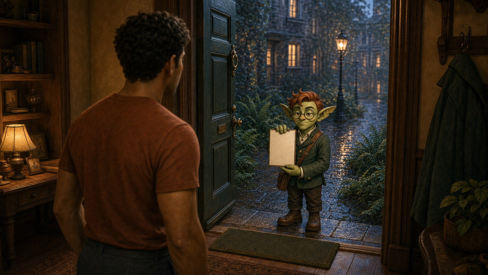 The Goblin appears in a doorway with a magical contract.